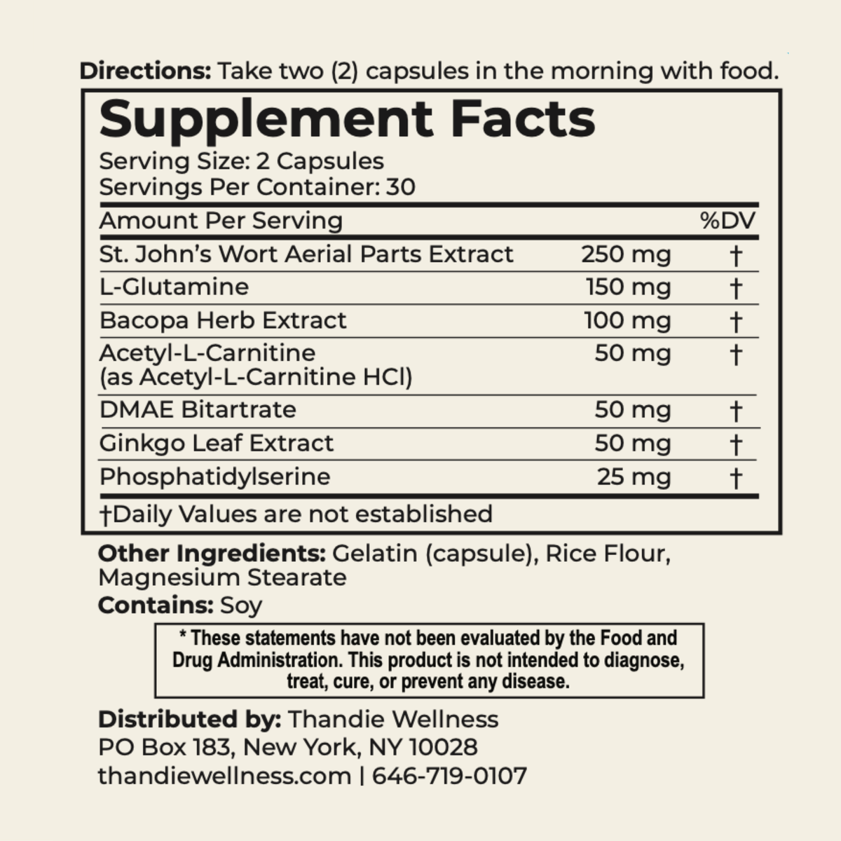 brain, please. Supplement Facts label showing bacopa, ginkgo, phosphatidylserine, St John’s wort, L-glutamine, acetyl-L-carnitine and DMAE